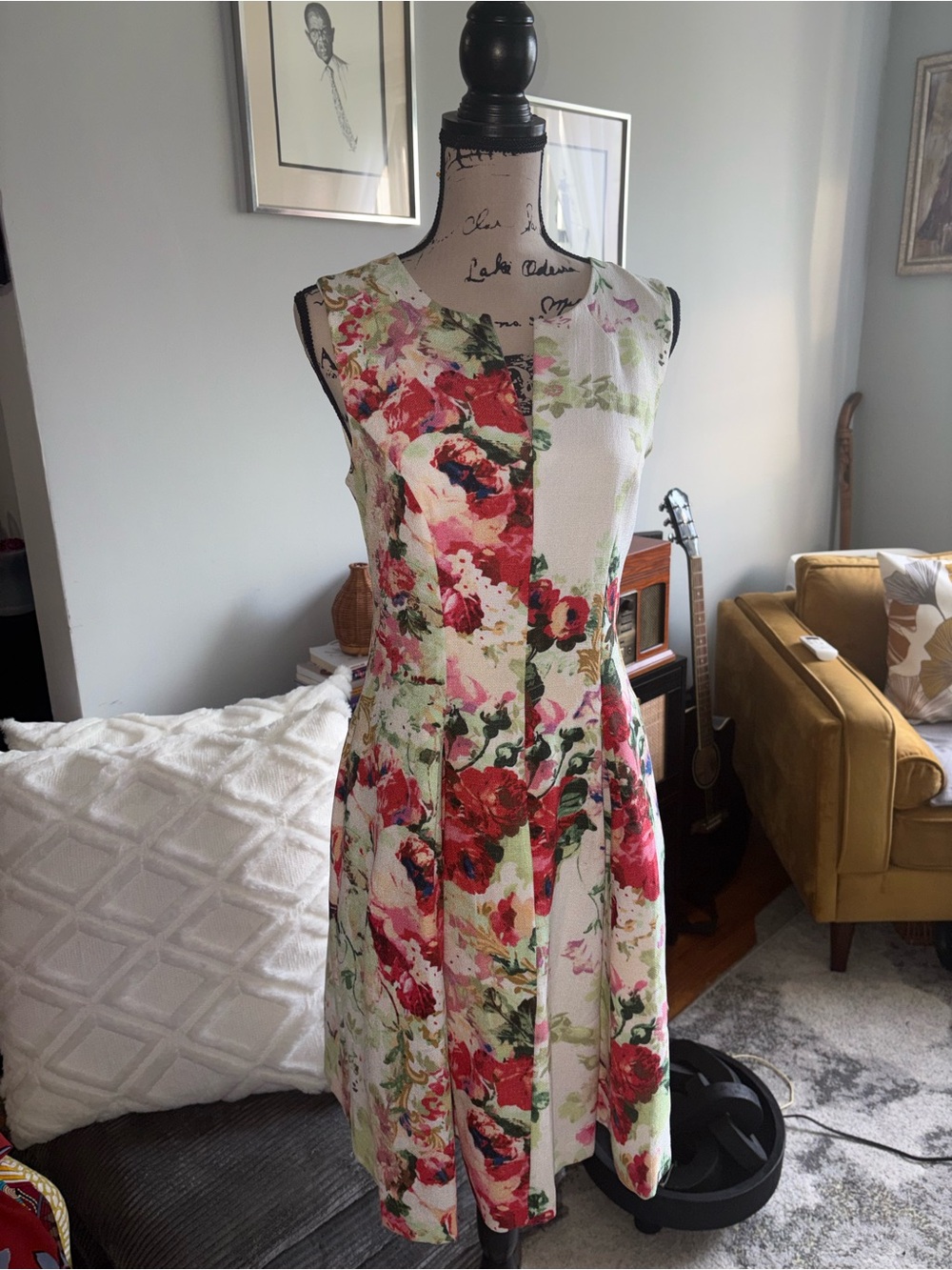 Chetta B Floral Midi Dress in White, Red, Green